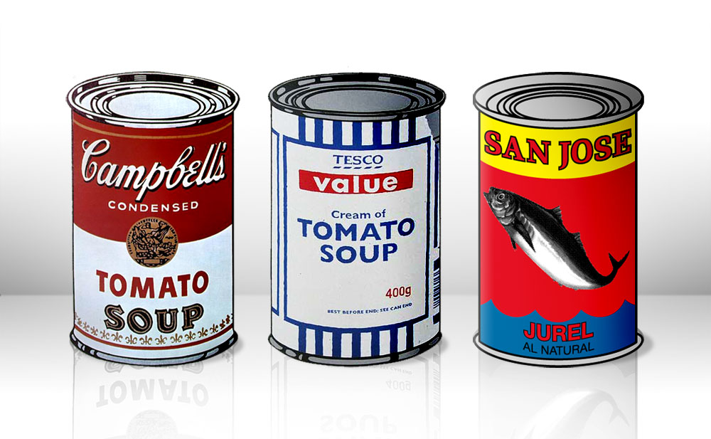 three cans that have canned food on them