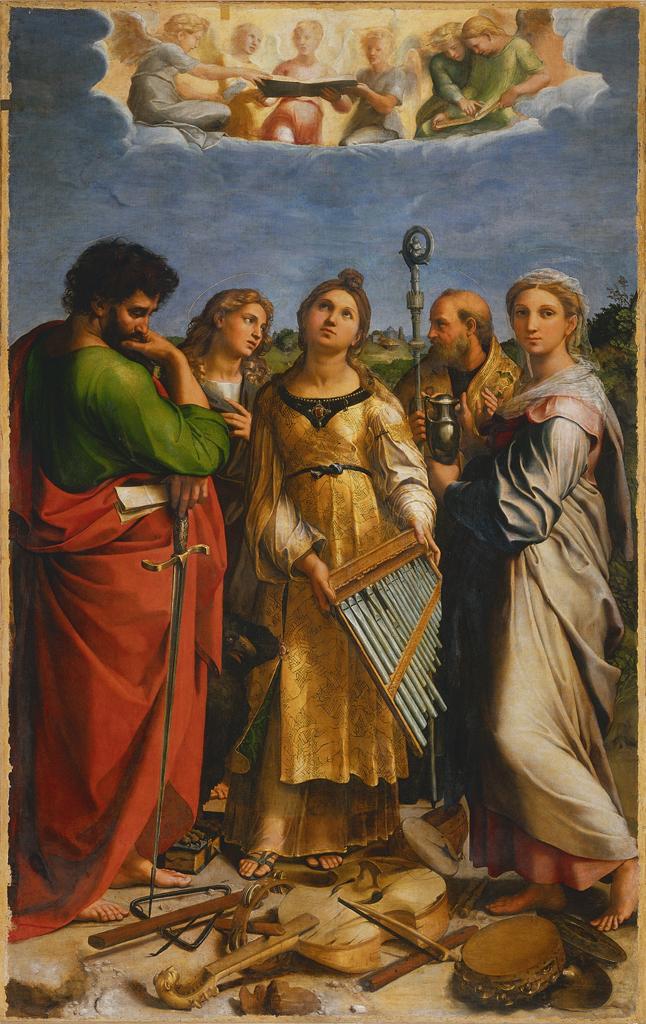 a painting with three men around a woman