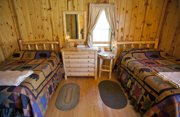 a couple of beds in a wooden room