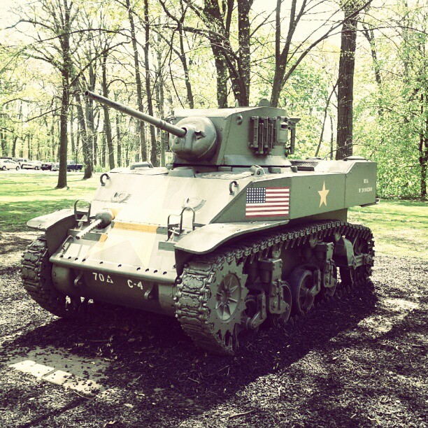 tank sitting on the ground in front of trees