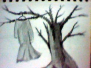 a drawing of a woman walking away from a tree