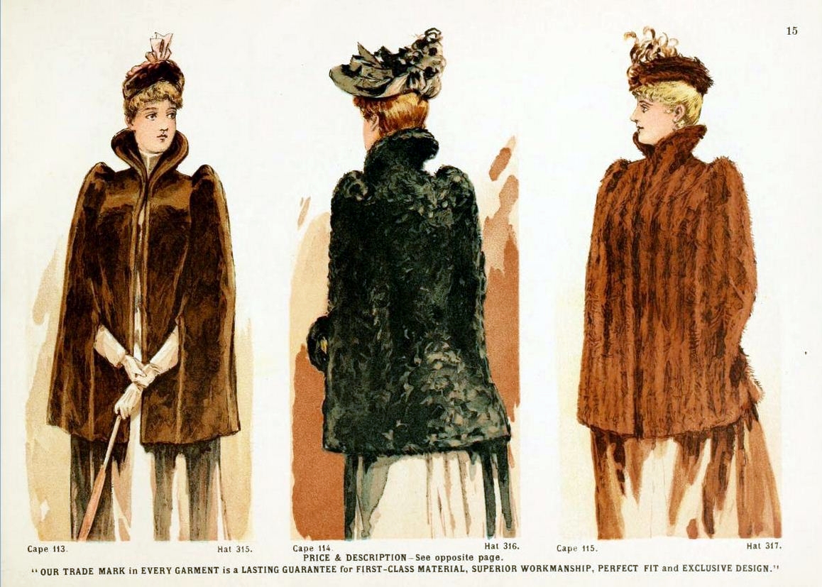 four models wearing different costumes from an old fashion catalog