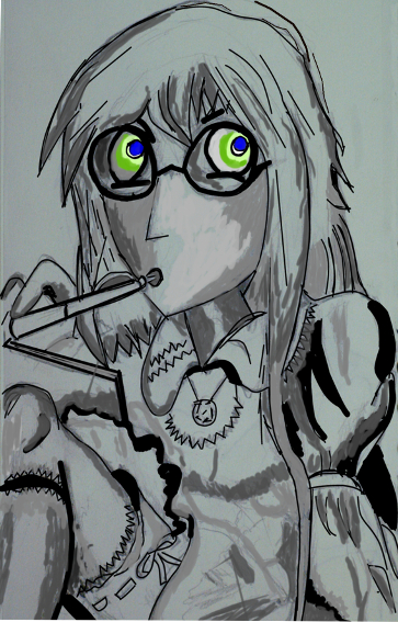 a drawing of a girl in glasses with a cigarette