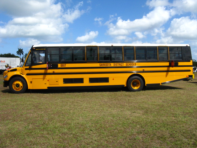 the large yellow school bus is parked near the trees