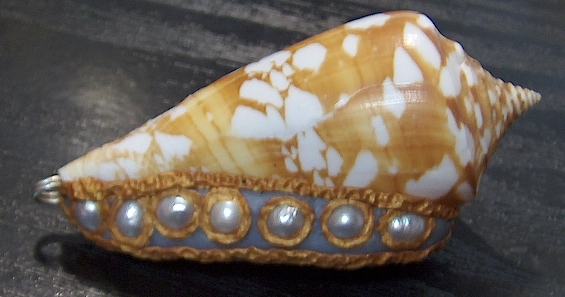 there is an orange shell with white pearls