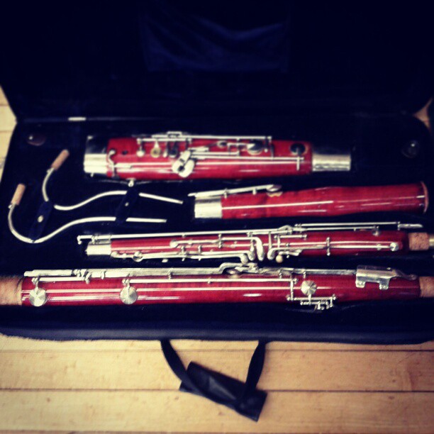 four flutes in their case on a wooden surface