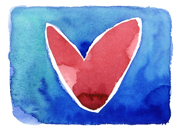 red heart painted on blue background on watercolor paper