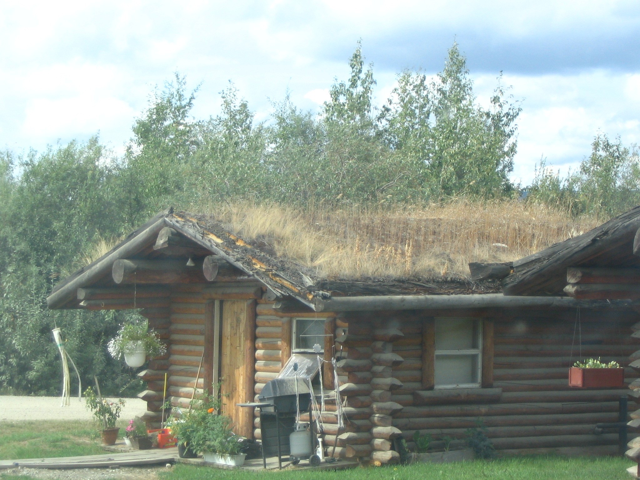 there is an old log cabin with grass on the roof