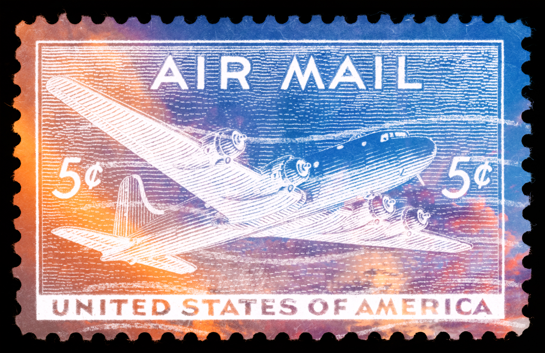 the stamp shows an airplane with an image of a man and woman