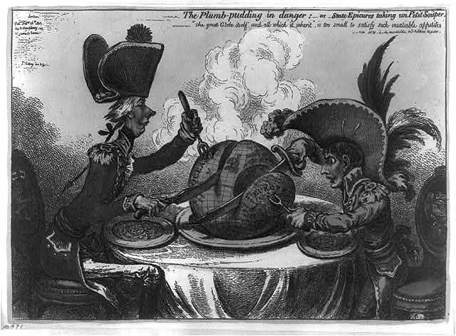an old political cartoon shows a turkey eating a thanksgiving turkey