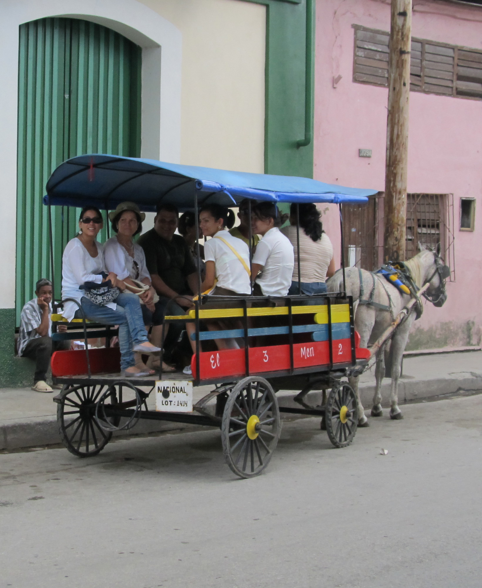 two horses pulling a carriage with people and a blue awning