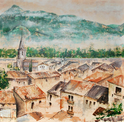painting of village in front of mountains, with village in the background