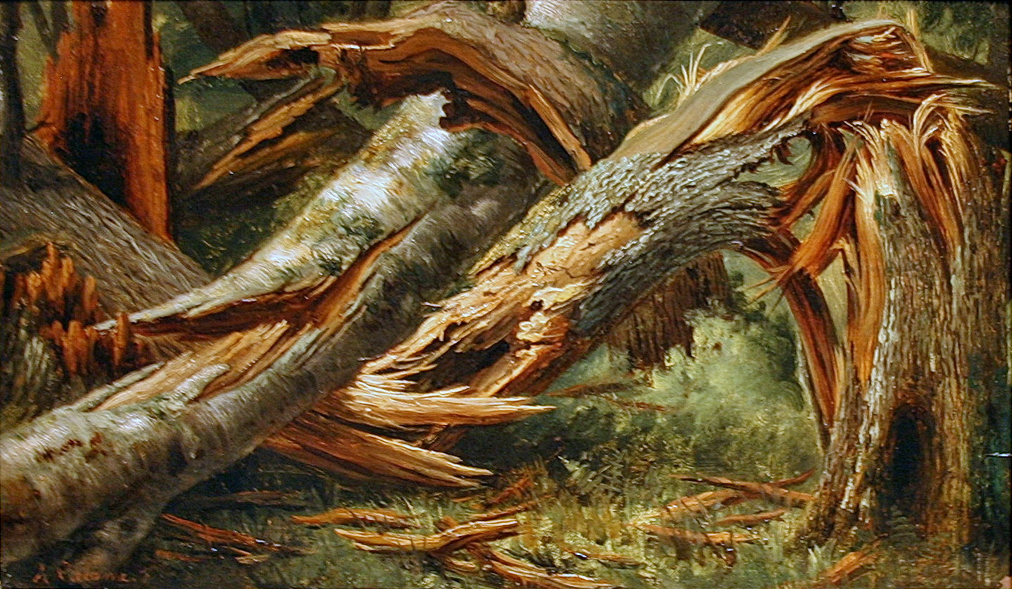 a painting of some kind of wood, with many nches hanging from it