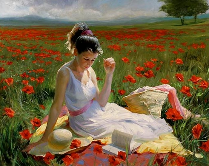 the painting is of a woman sitting on a flower covered blanket