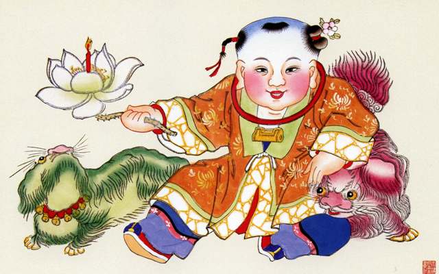the painting shows the asian boy as he crouches down with an orange cat in his hand