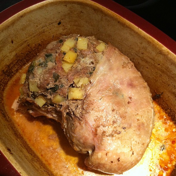 a piece of cooked meat sitting on top of a red dish