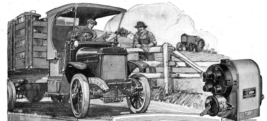 an old - fashioned picture of a truck being driven by two men