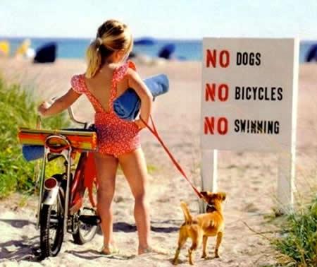 a young woman is walking her dog on a leash and pulling a beach bike