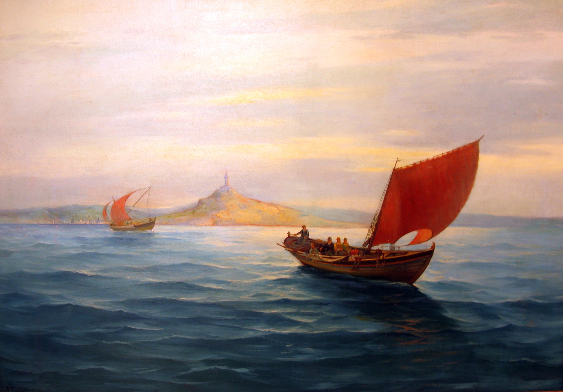 a painting with boats on the water and one boat that is floating in the water