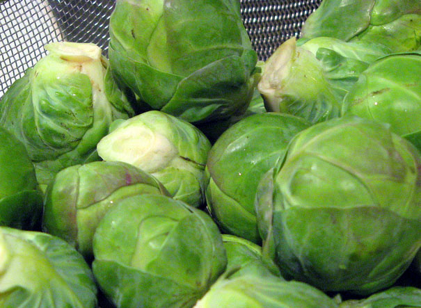 a large amount of brussels sprouts in a mesh mesh basket