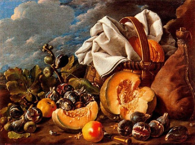 this painting depicts fruit, including bread and vegetables