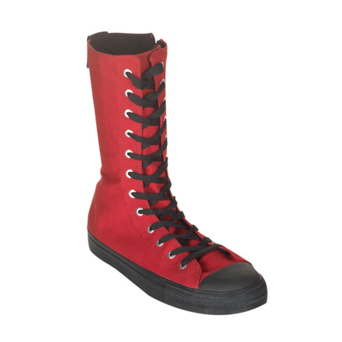 a red high top shoe with laces on the front