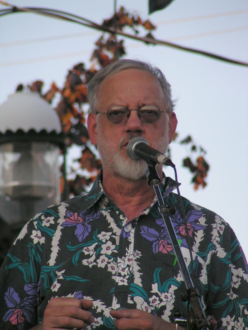 a bearded man speaking into a microphone near a light pole