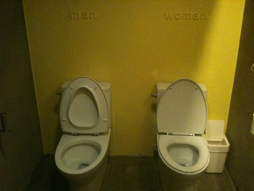 two toilets are lined up in a restroom