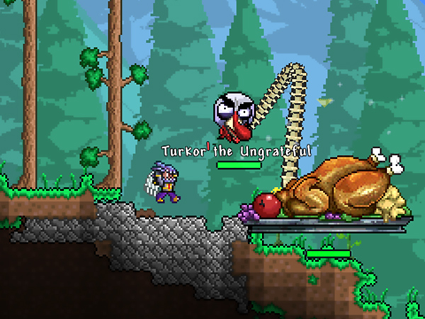 a pixel art with an animated turkey and a bunch of other foods