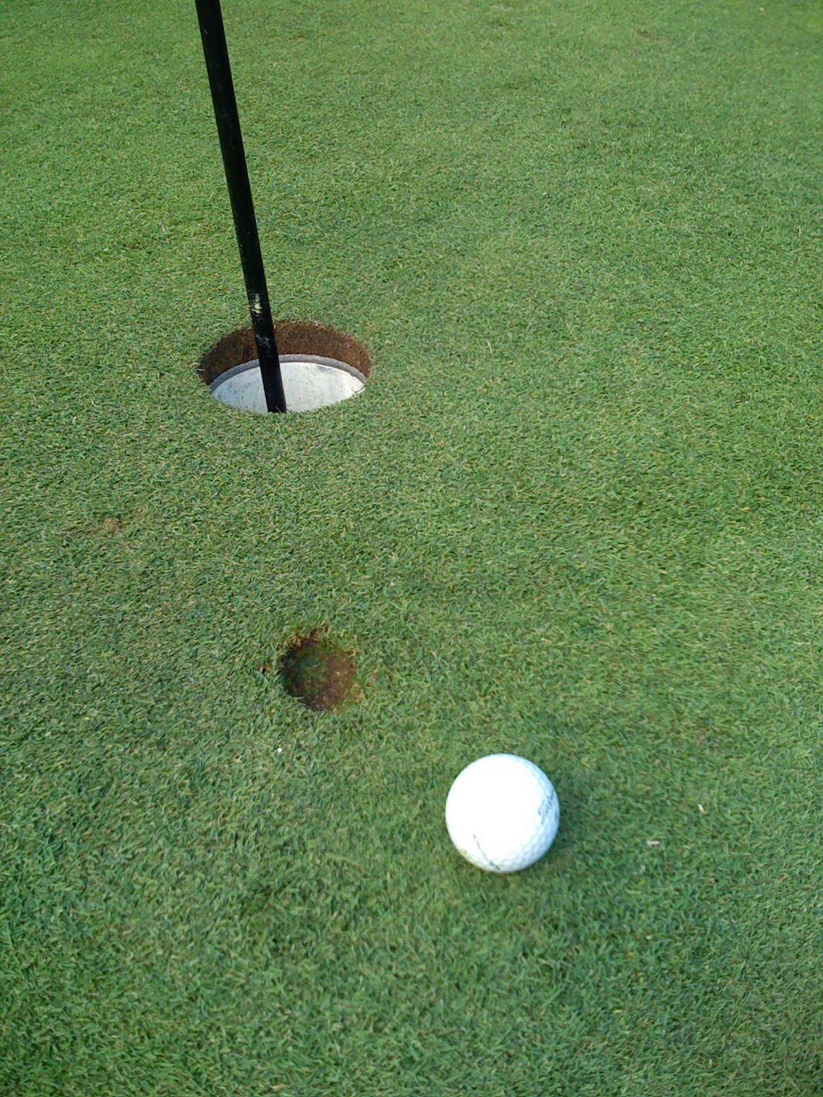 a ball is sitting next to a hole in the green grass