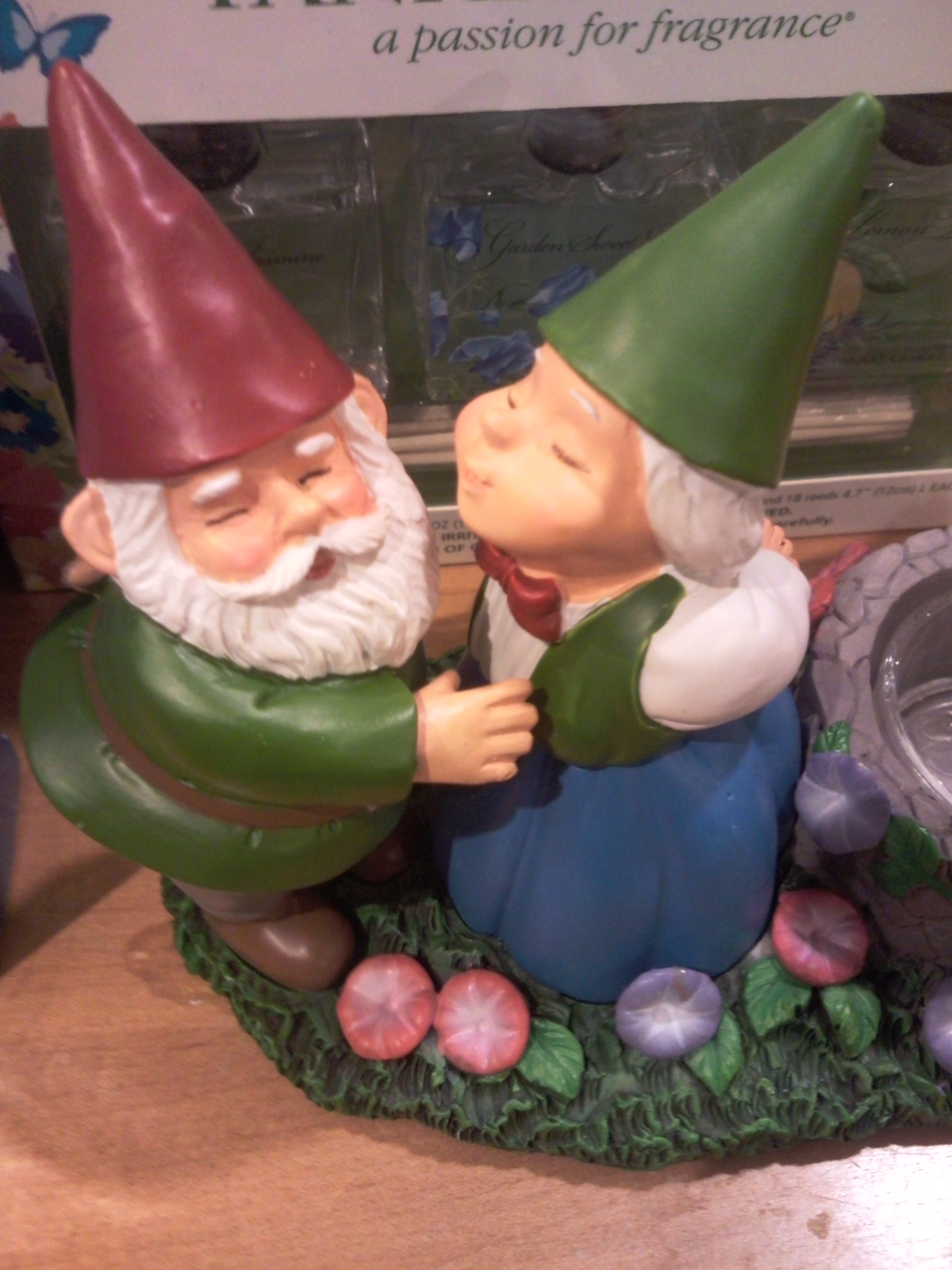 the two garden gnomes have red and green hats