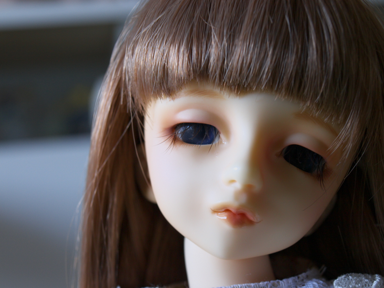 close up image of a doll face with brown hair