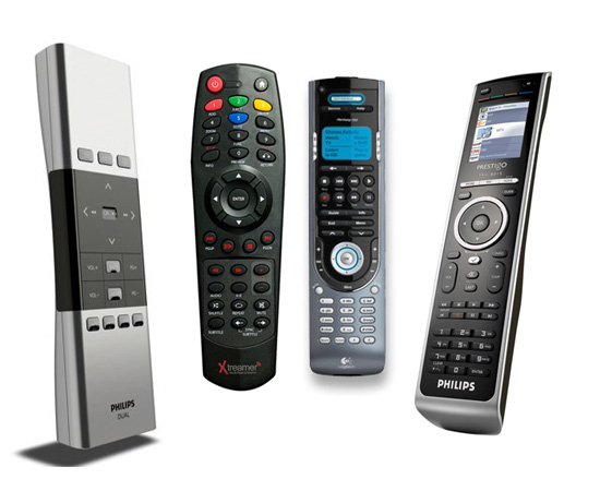 four different types of remotes on display in a row