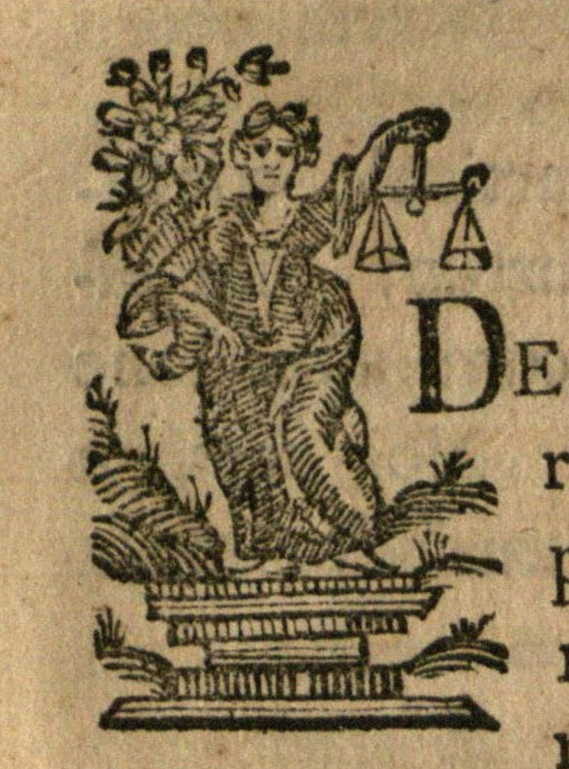 an old stamp with a woman holding scales and flowers