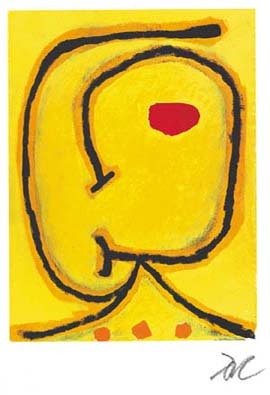 abstract painting of yellow with red dot