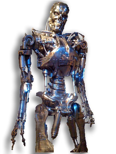 a chrome robot standing and looking ahead in this picture