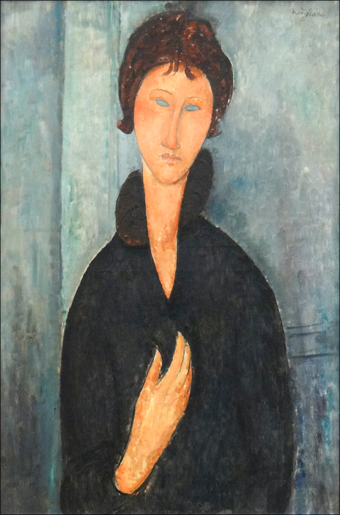 a painting of a woman standing with her hands folded