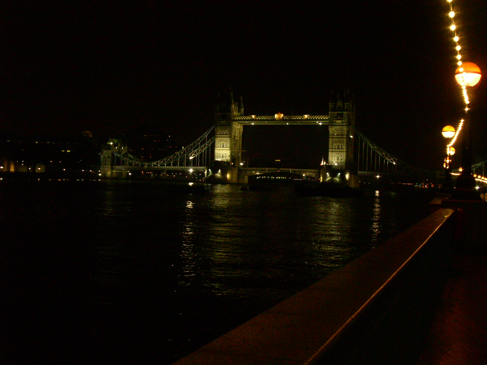 a large bridge with buildings and lights on it