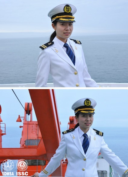 two pos one in white and one in black, with a female sailor posing