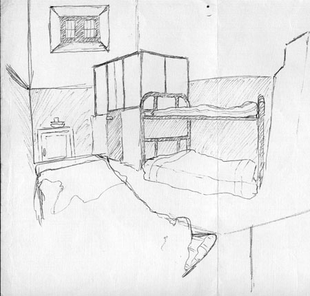 sketch of a room with bunk beds and curtains