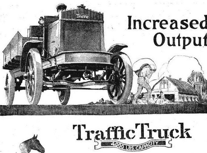 two advertit of a truck and horse drawn carriage