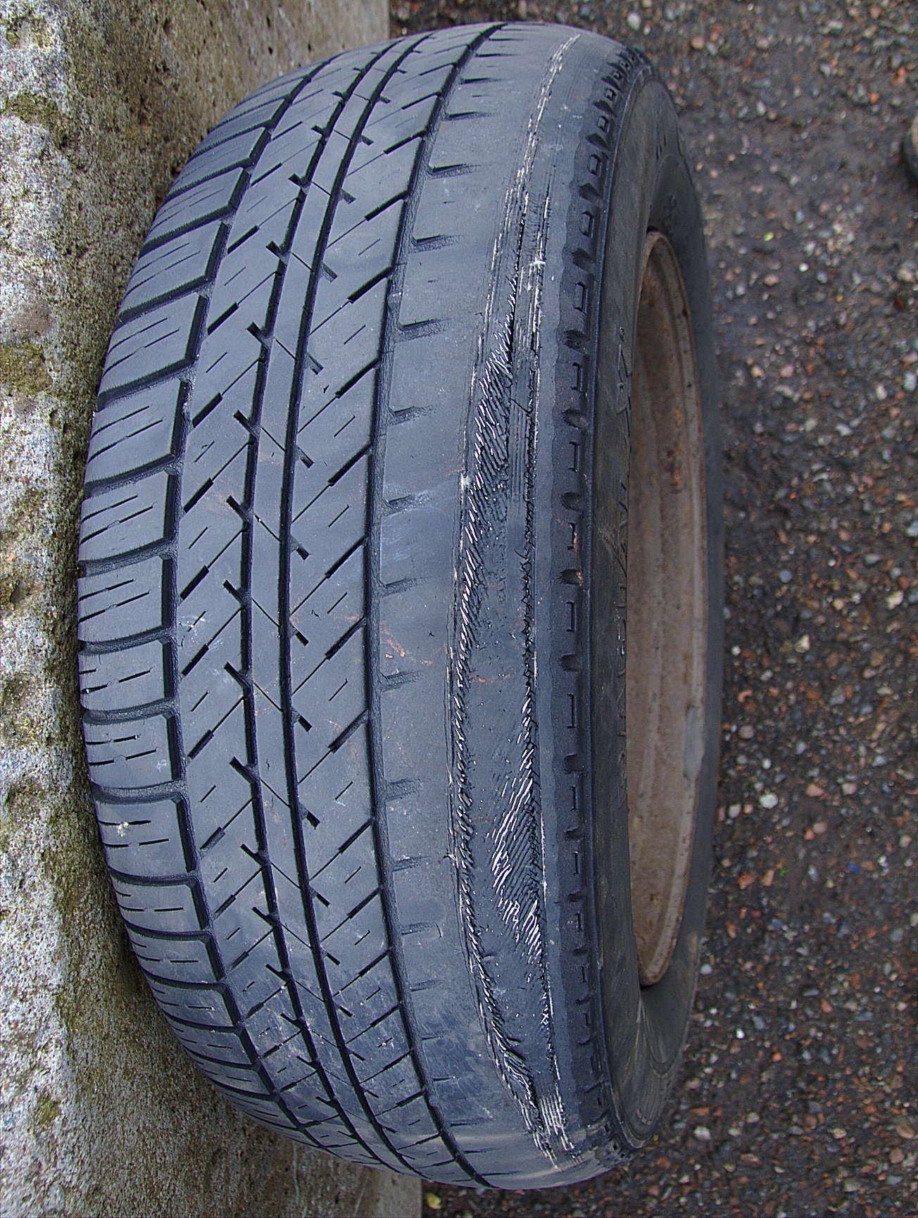 a black tire is next to a tree stump