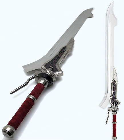 a large knife with a red handle and silver handle