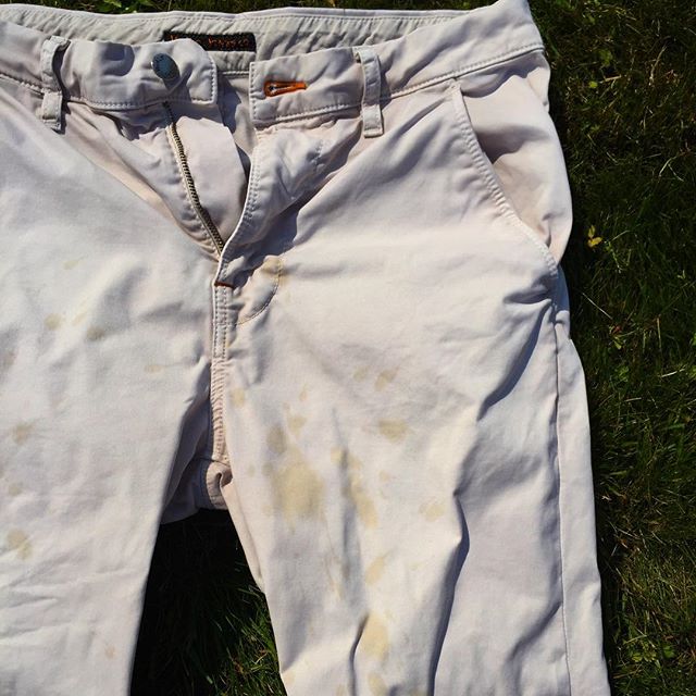 a pair of pants that are on the grass