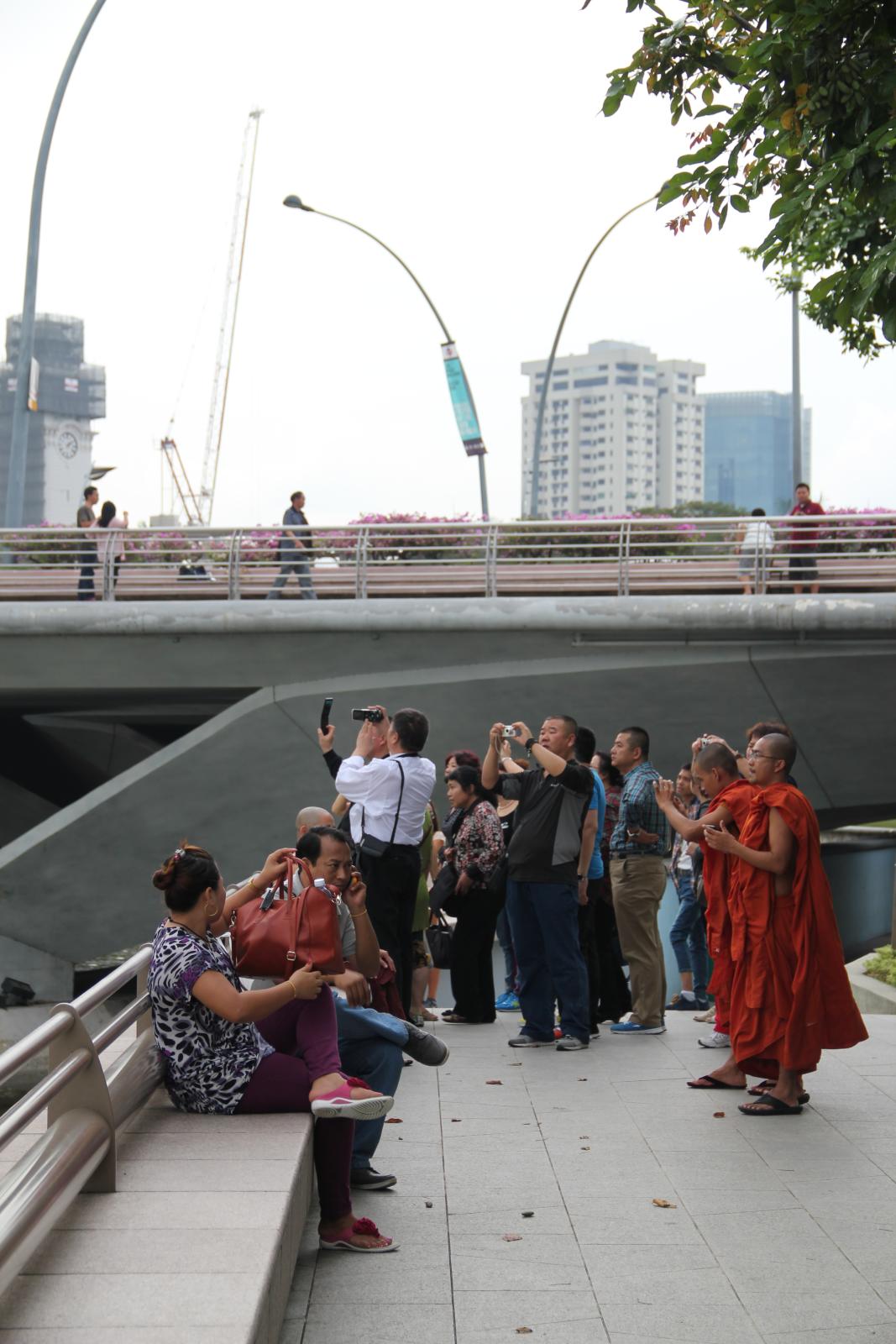 several people looking up at the sky in a crowd