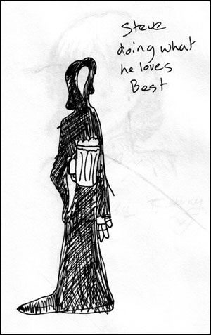 this sketch of a woman standing in front of a building is saying, she doesn't know what he loves best