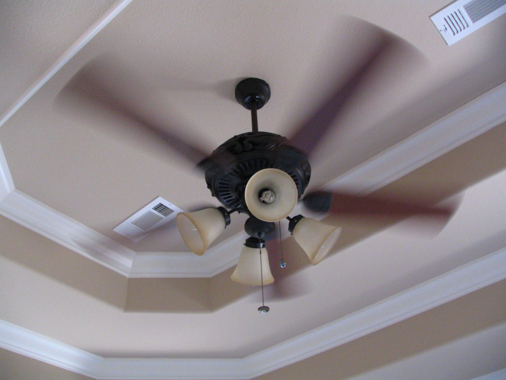 an overhead view of a ceiling fan with two light shades