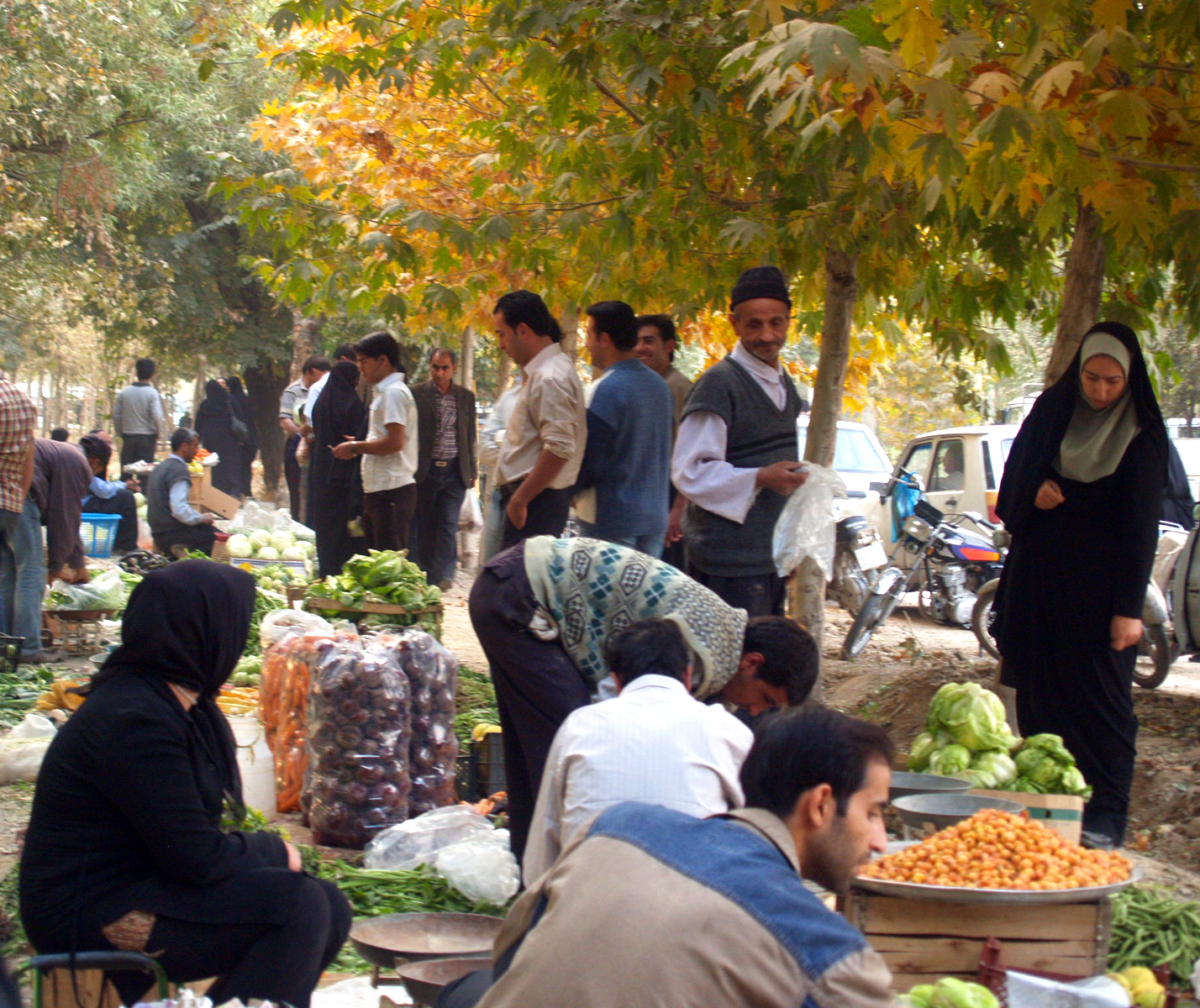 several people browse for vegetables and produce at a market