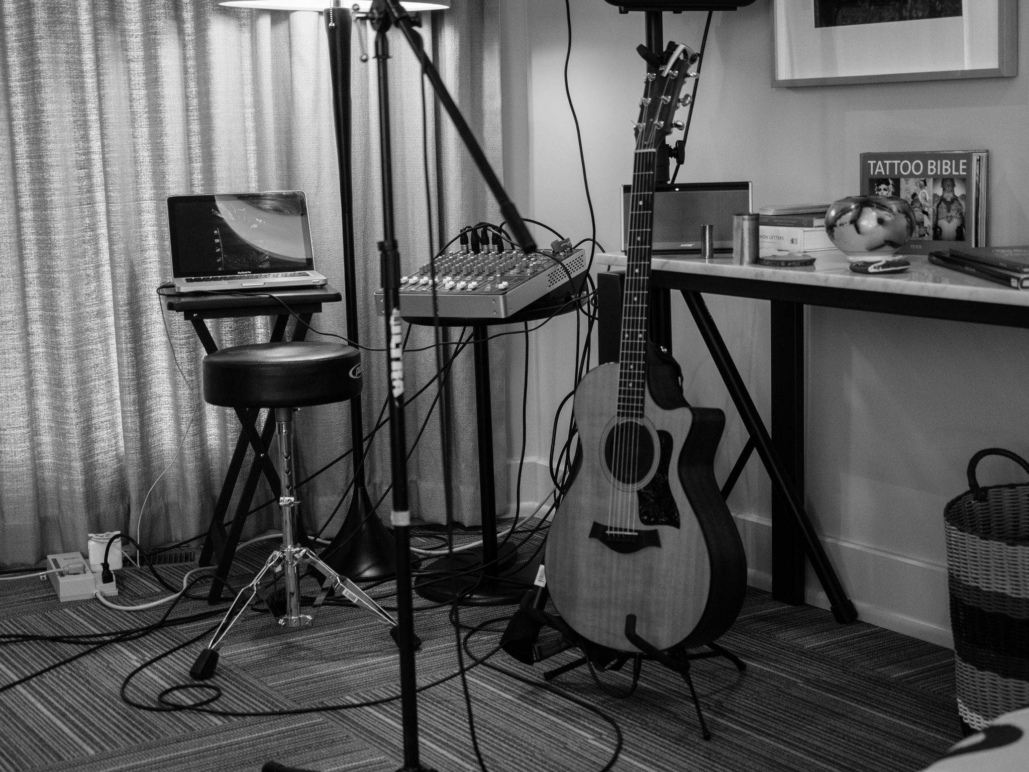 a black and white po of some guitars