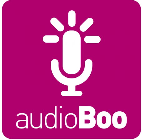 the audio boo logo is shown on a purple square with a white microphone